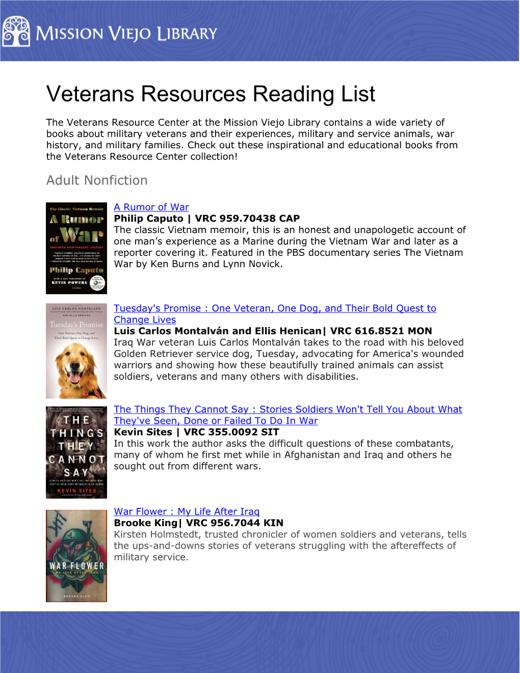 Veterans Resources Reading List