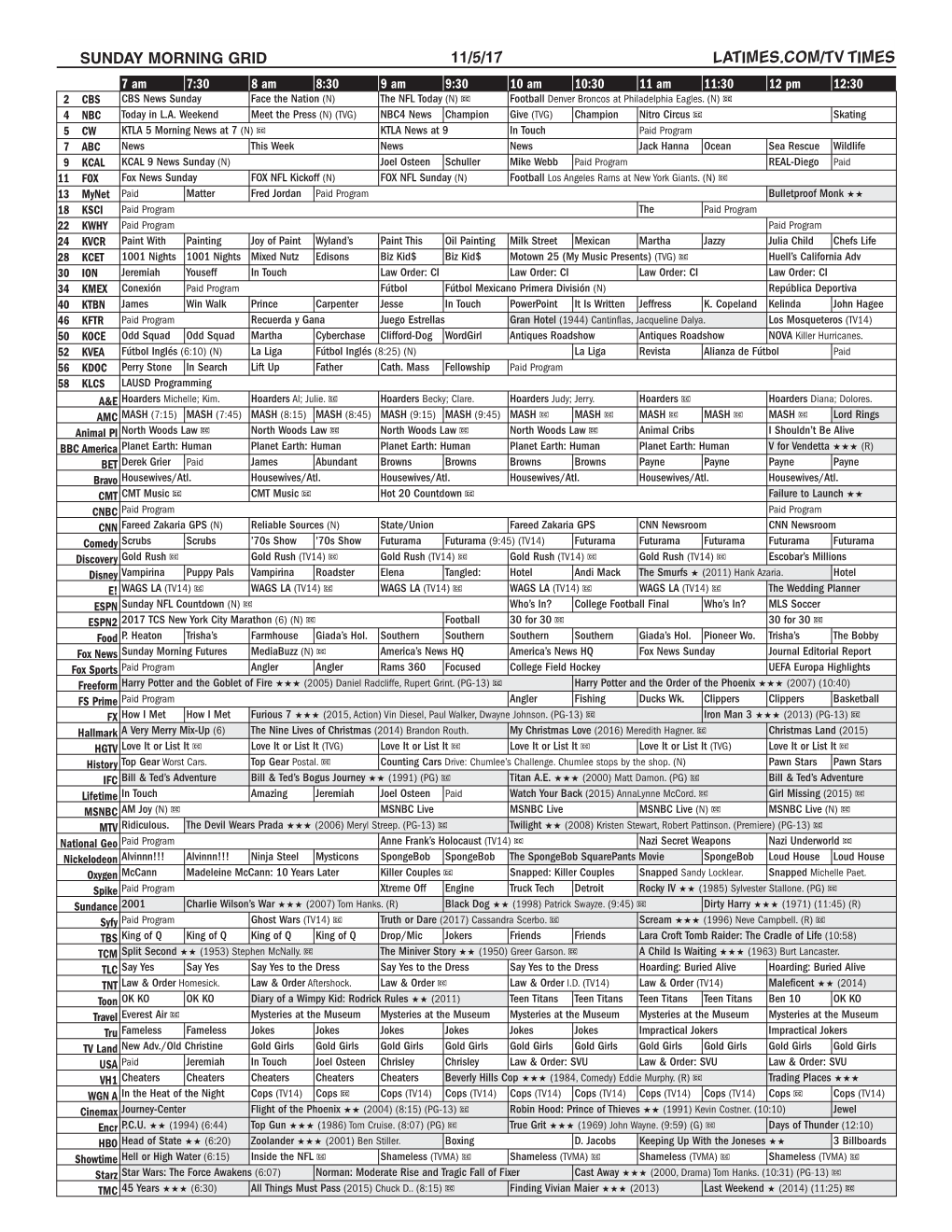 Sunday Morning Grid 11/5/17 Latimes.Com/Tv Times