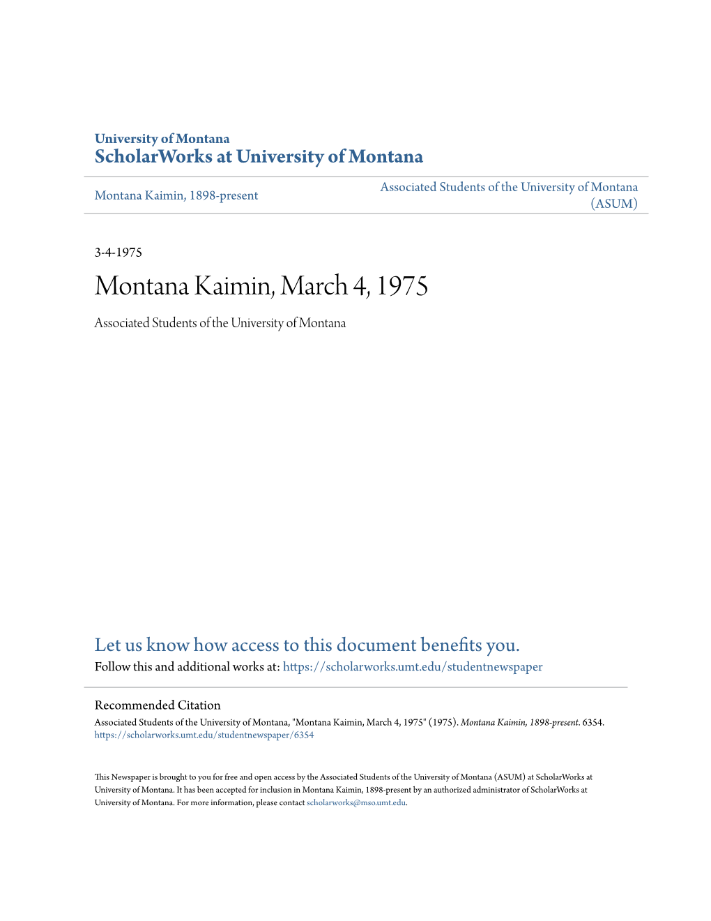 Montana Kaimin, March 4, 1975 Associated Students of the University of Montana