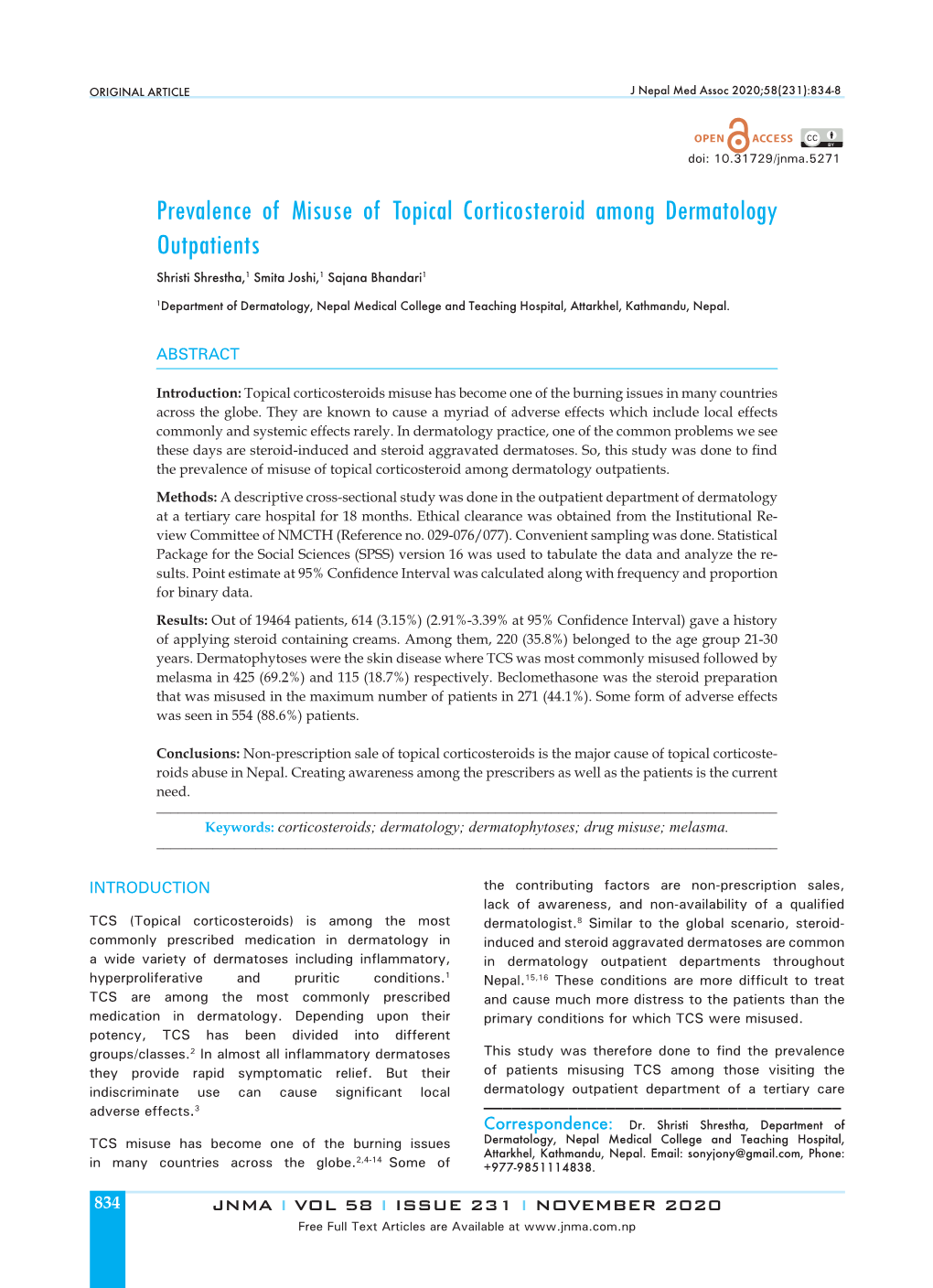 Prevalence of Misuse of Topical Corticosteroid Among Dermatology Outpatients Shristi Shrestha,1 Smita Joshi,1 Sajana Bhandari1