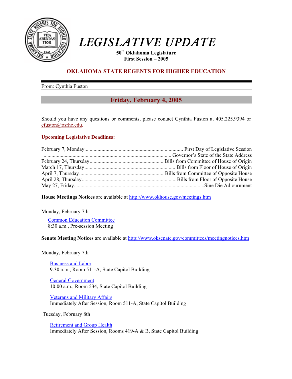 LEGISLATIVE UPDATE 50Th Oklahoma Legislature First Session – 2005