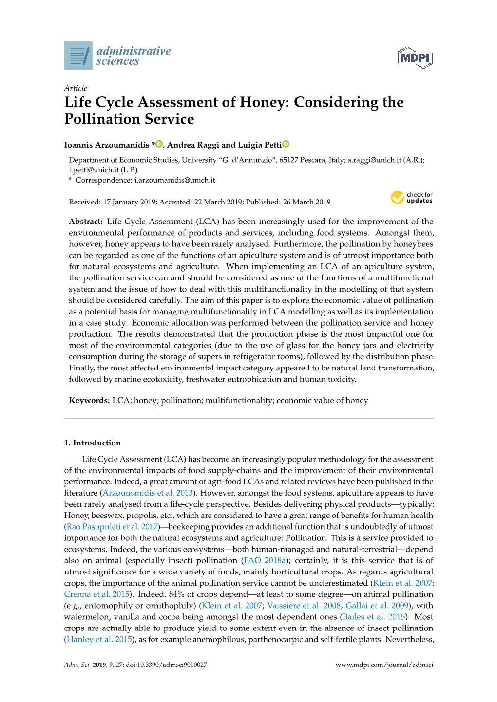 Life Cycle Assessment of Honey: Considering the Pollination Service