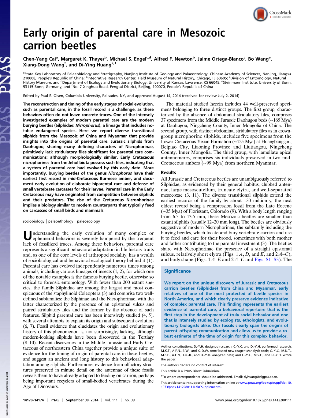 Early Origin of Parental Care in Mesozoic Carrion Beetles