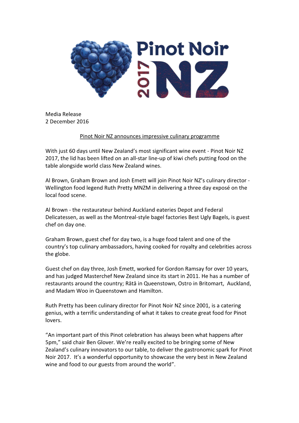 Pinot Noir NZ Announces Impressive Culinary Programme