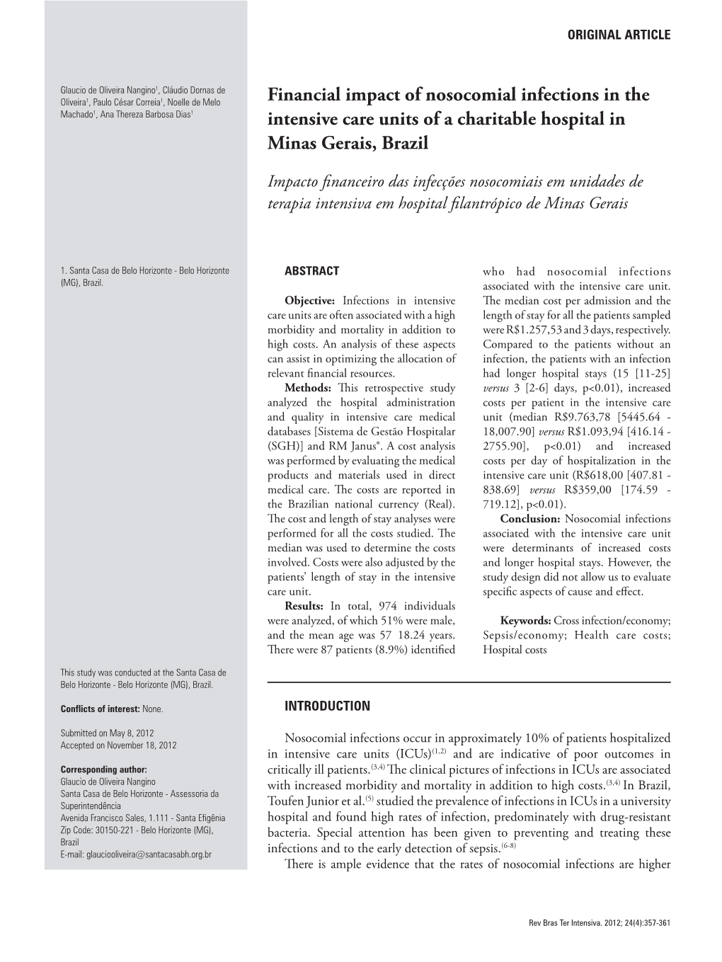 Financial Impact of Nosocomial Infections in the Intensive Care Units