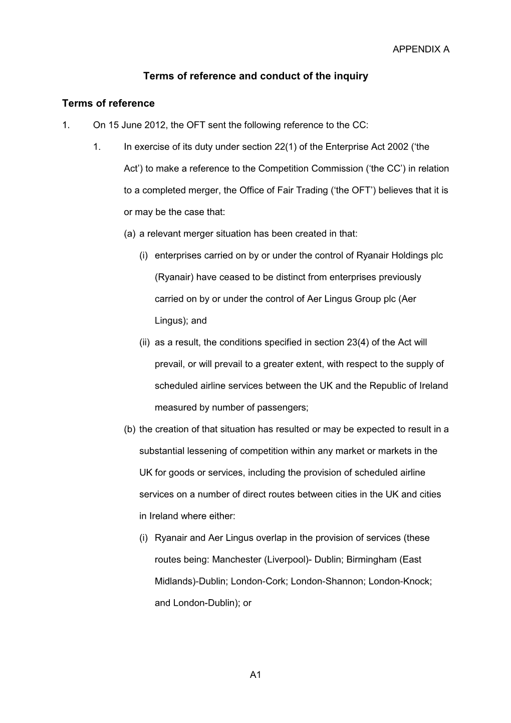 Ryanair/Aer Lingus Provisional Findings Appendices and Glossary