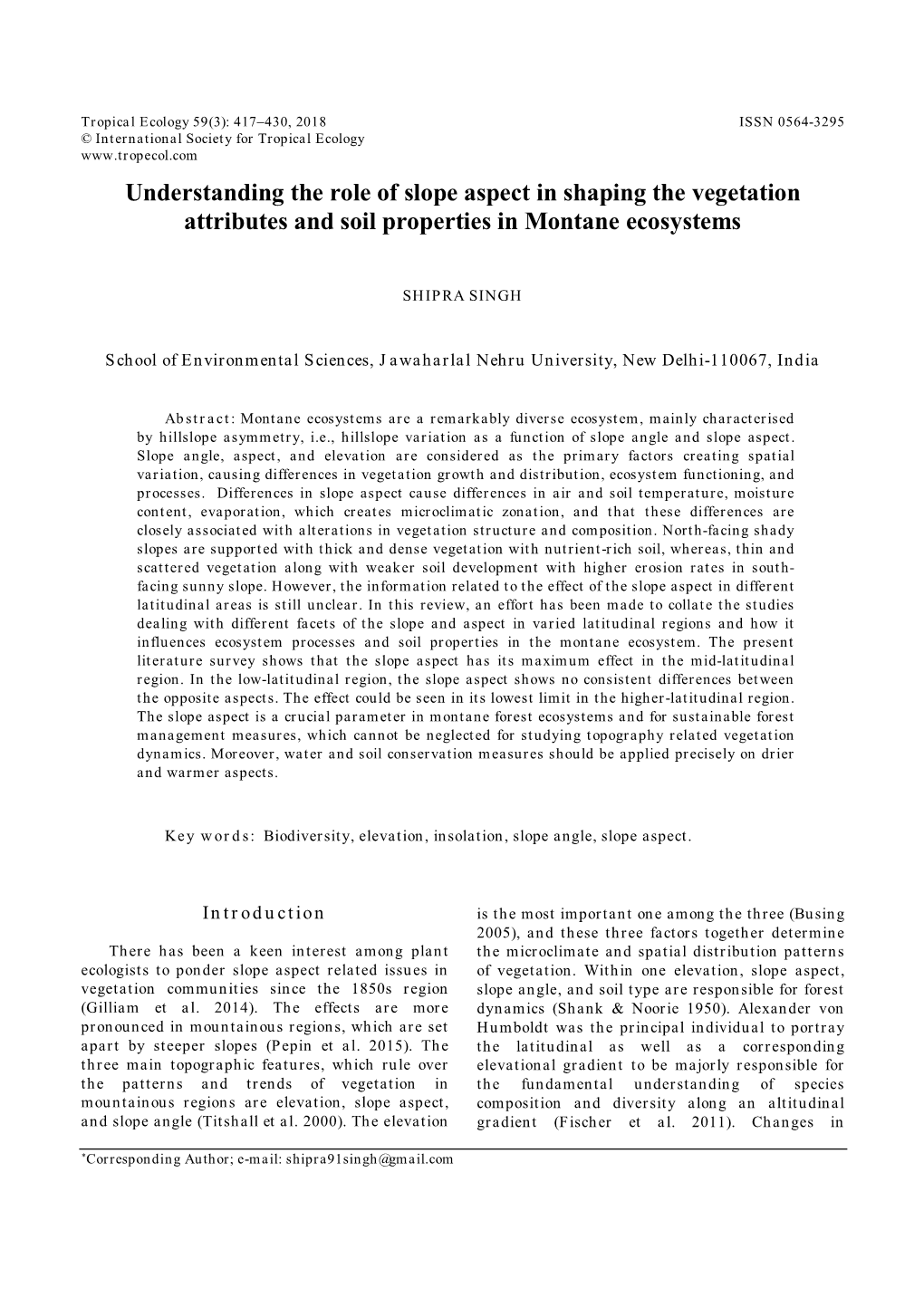 Understanding the Role of Slope Aspect in Shaping the Vegetation Attributes and Soil Properties in Montane Ecosystems