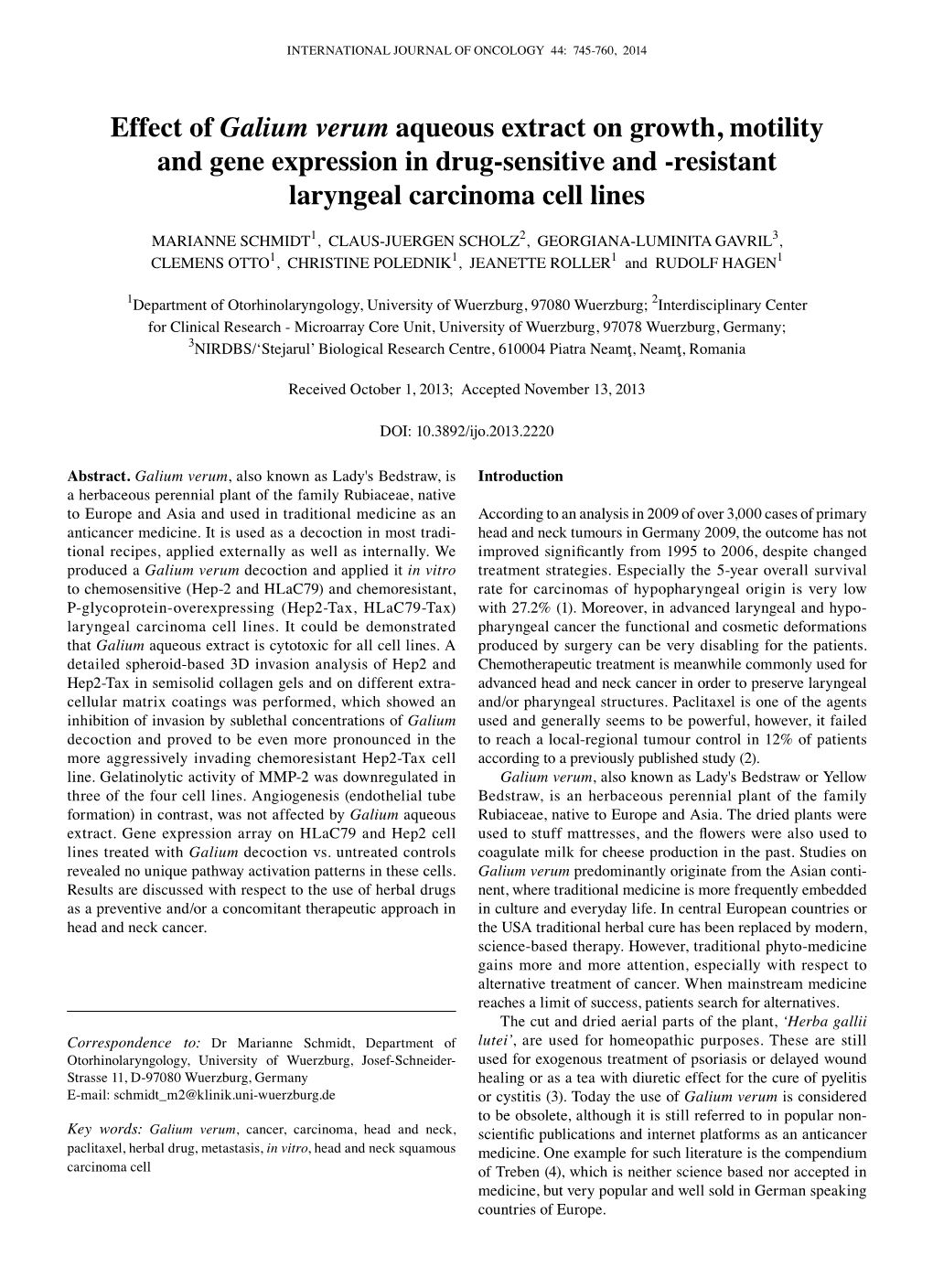 Effect of Galium Verum Aqueous Extract on Growth, Motility and Gene Expression in Drug-Sensitive and -Resistant Laryngeal Carcinoma Cell Lines