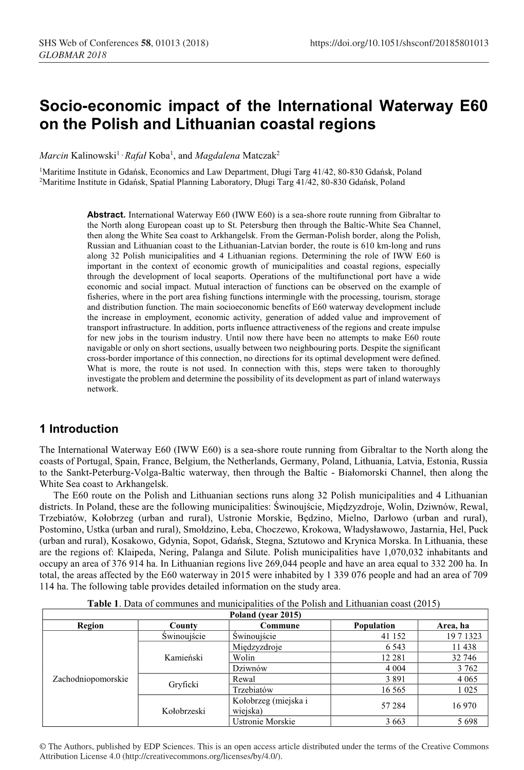 Socio-Economic Impact of the International Waterway E60 on the Polish and Lithuanian Coastal Regions