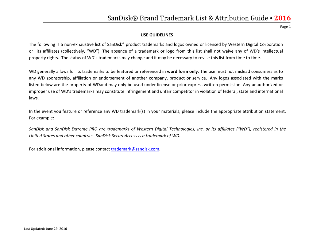 Sandisk® Brand Trademark List & Attribution Guide • 2016
