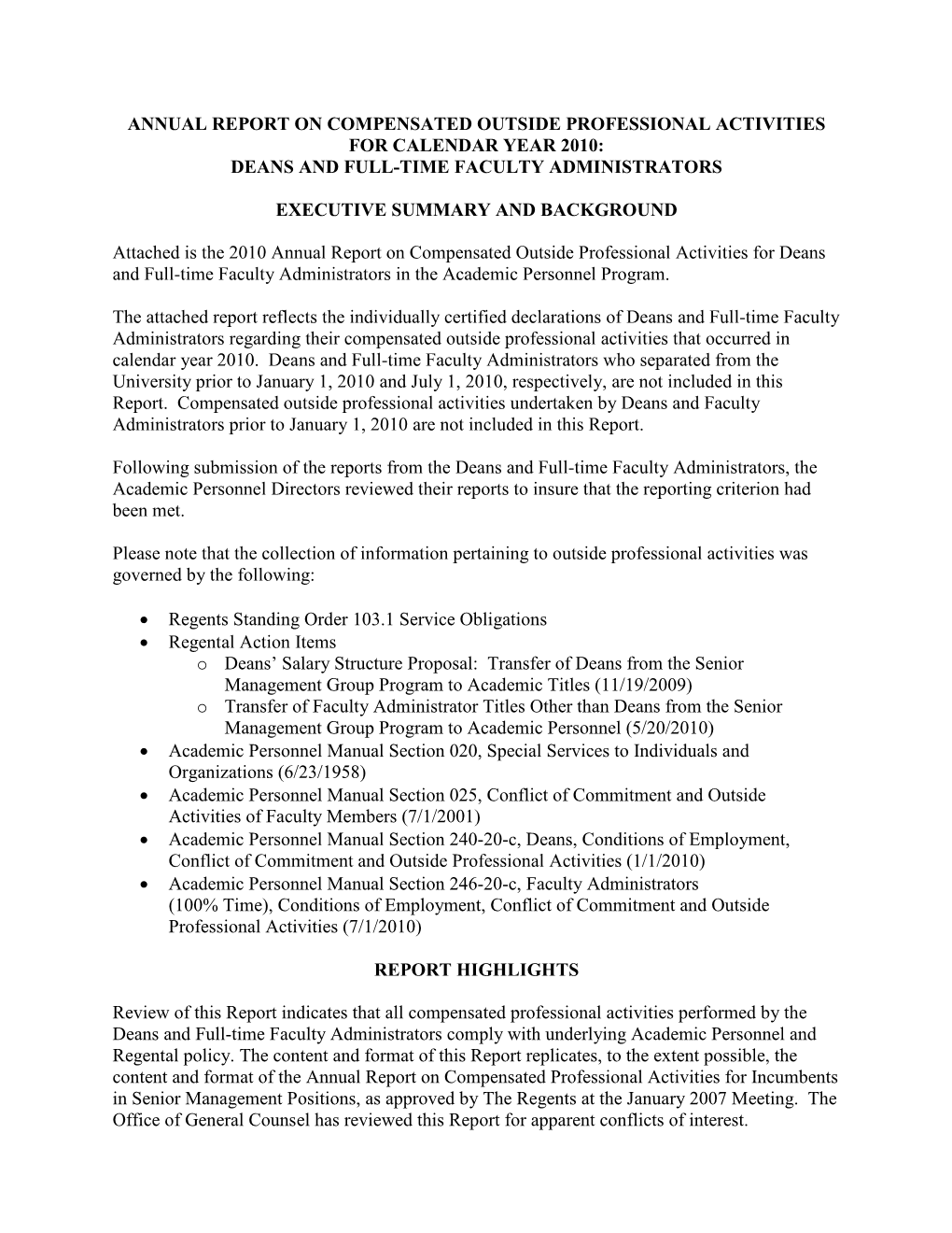 Annual Report on Compensated Outside Professional Activities for Calendar Year 2010: Deans and Full-Time Faculty Administrators