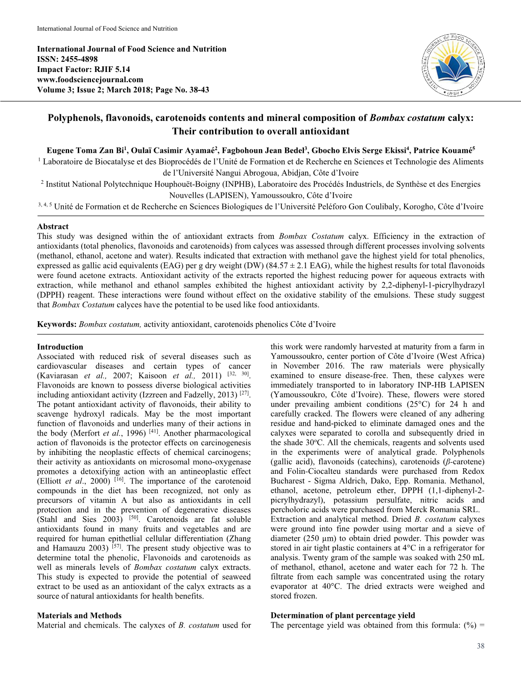 Polyphenols, Flavonoids, Carotenoids Contents and Mineral Composition of Bombax Costatum Calyx: Their Contribution to Overall Antioxidant