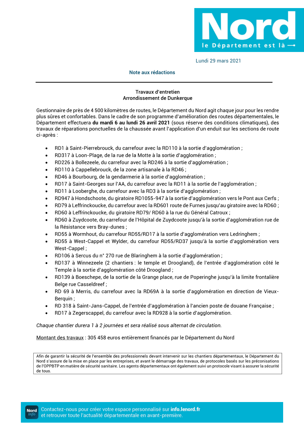 Lundi 29 Mars 2021 Note Aux Rédactions Travaux D'entretien