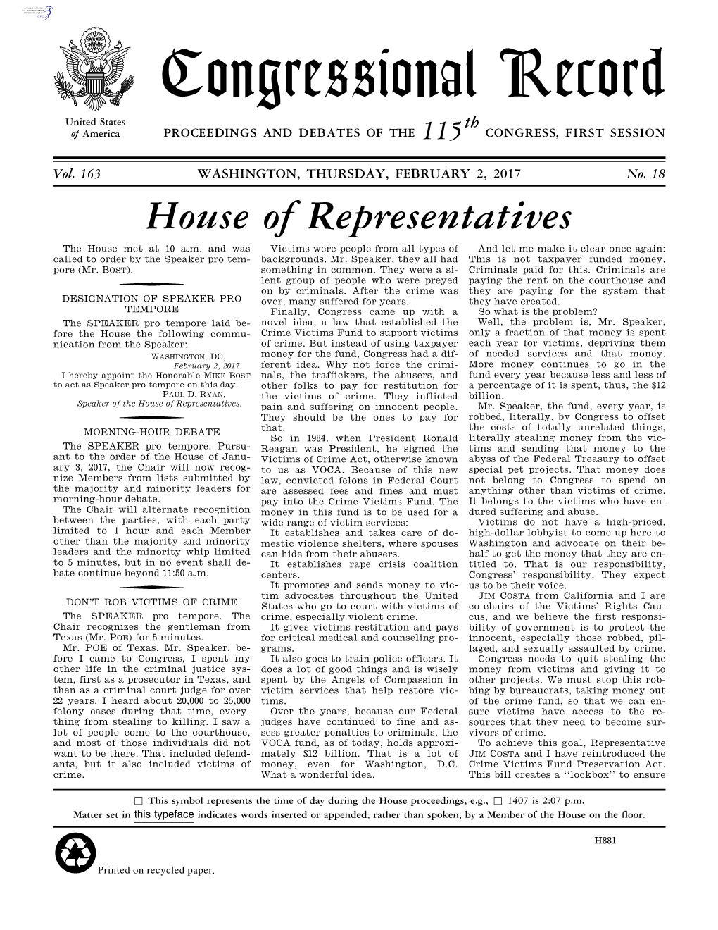 Congressional Record United States Th of America PROCEEDINGS and DEBATES of the 115 CONGRESS, FIRST SESSION