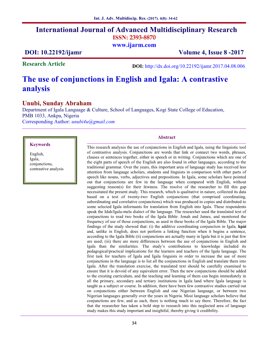 The Use of Conjunctions in English and Igala: a Contrastive Analysis