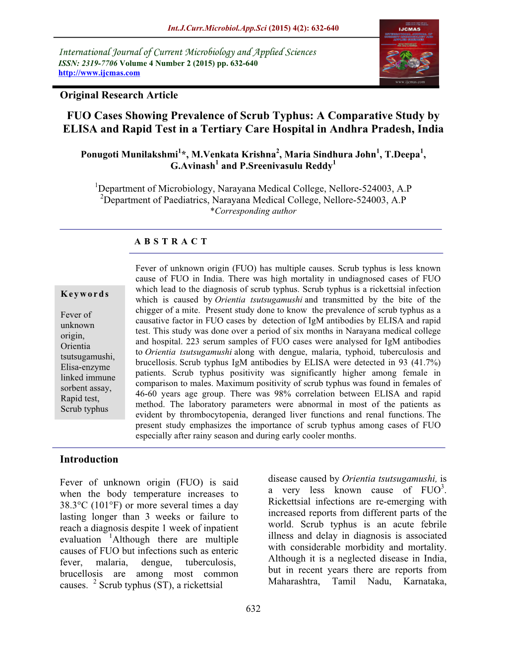 FUO Cases Showing Prevalence of Scrub Typhus: a Comparative Study by ELISA and Rapid Test in a Tertiary Care Hospital in Andhra Pradesh, India