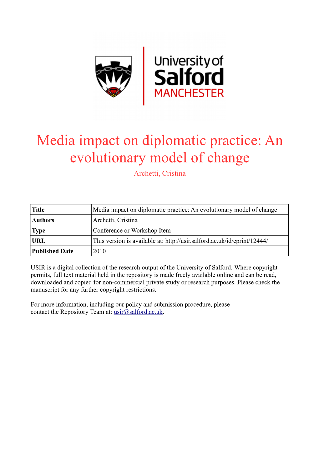 Media Impact on Diplomatic Practice: an Evolutionary Model of Change Archetti, Cristina