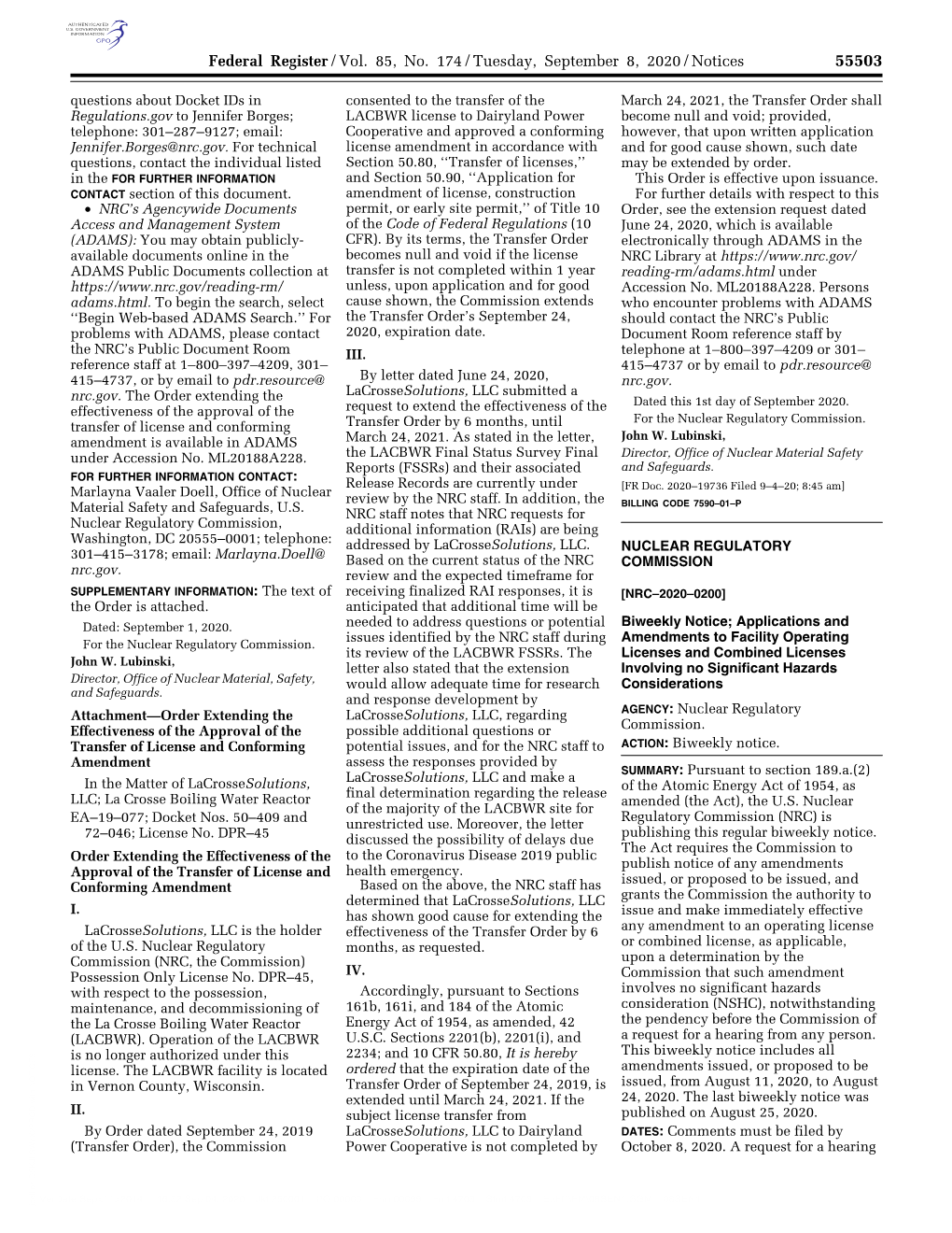 Federal Register/Vol. 85, No. 174/Tuesday, September 8, 2020