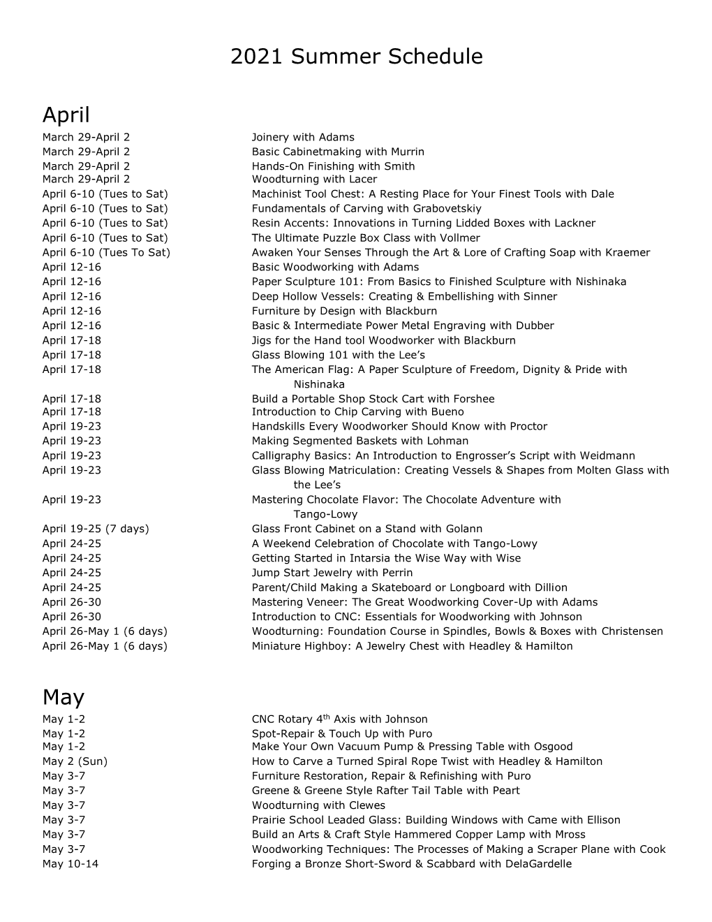 2021 Summer Schedule April