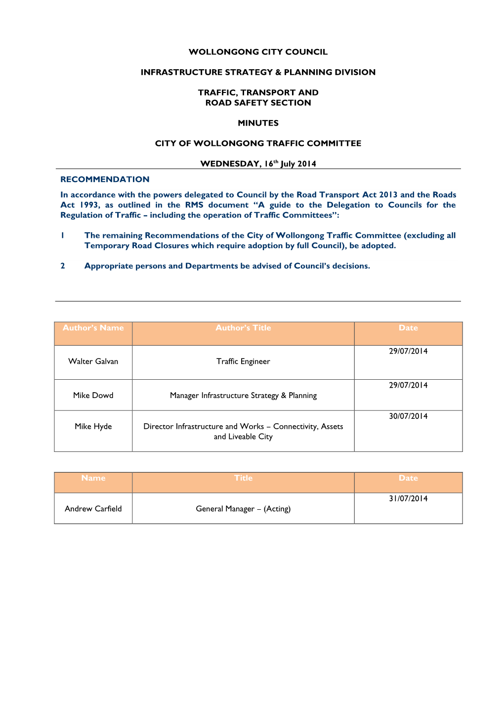 Traffic Committee Minutes 16 July 2014