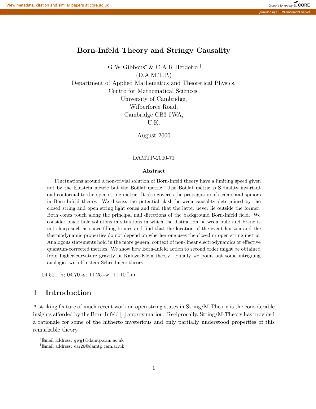 Born-Infeld Theory and Stringy Causality 1 Introduction