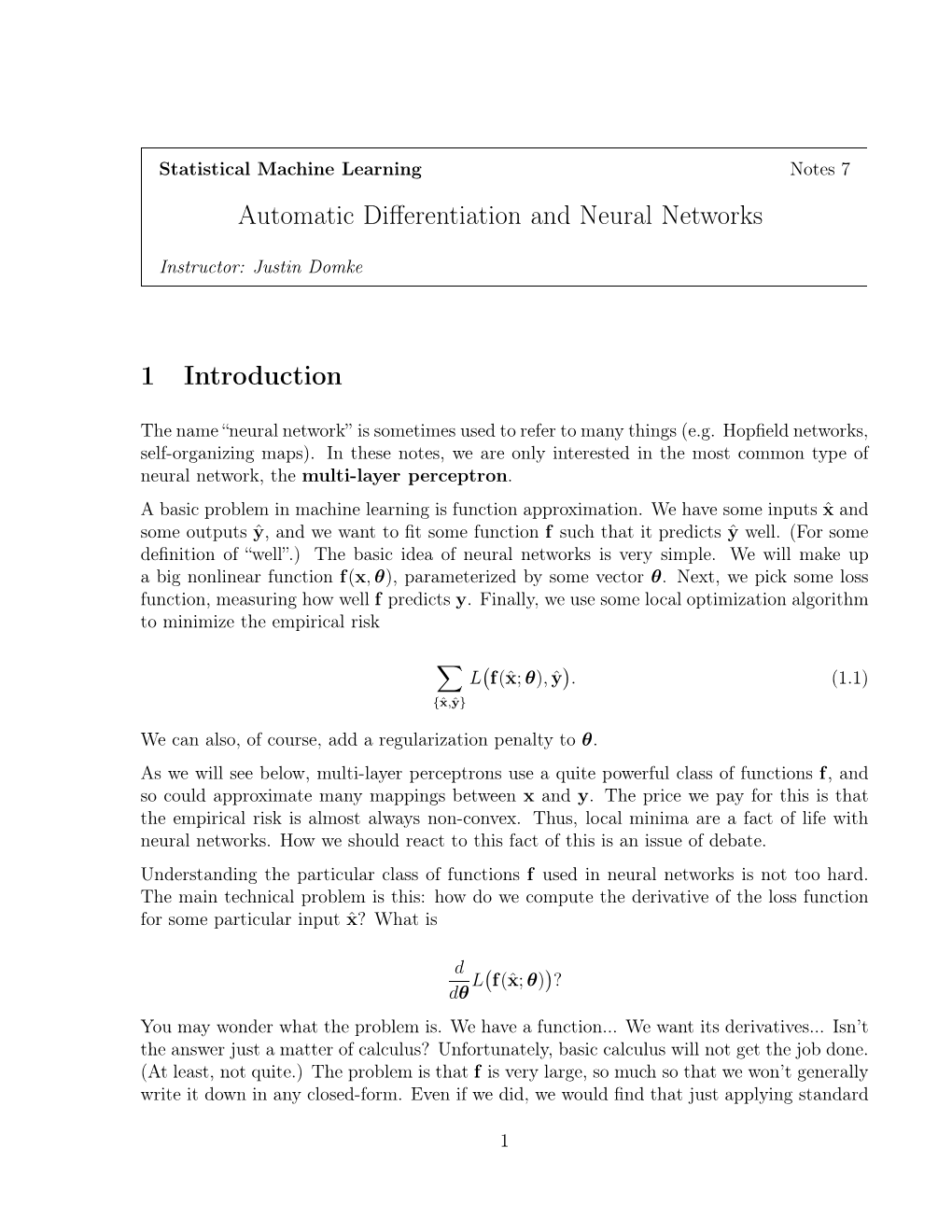 Automatic Differentiation and Neural Networks 1 Introduction