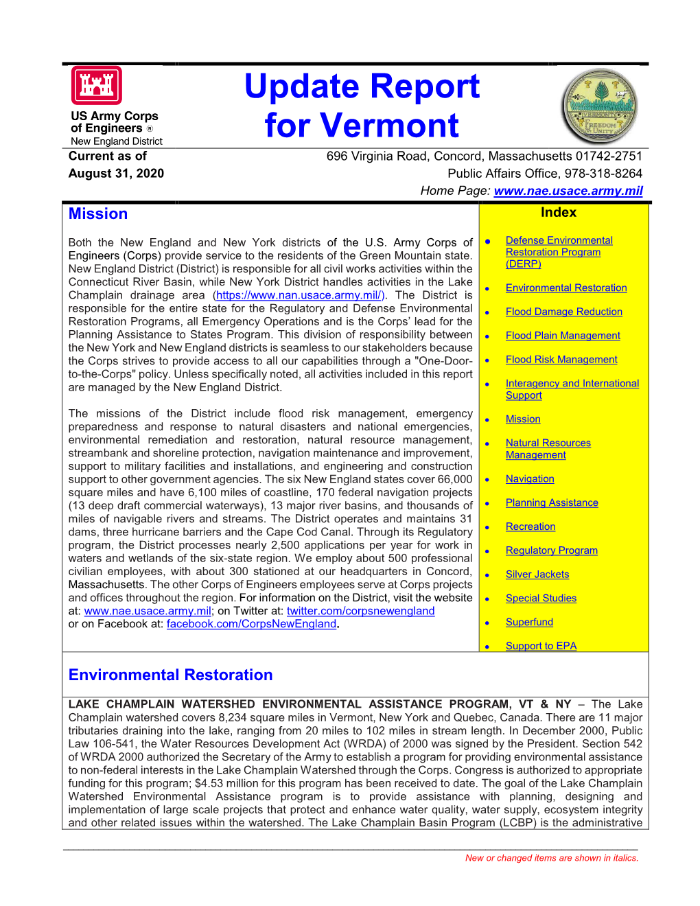 Update Report for Vermont