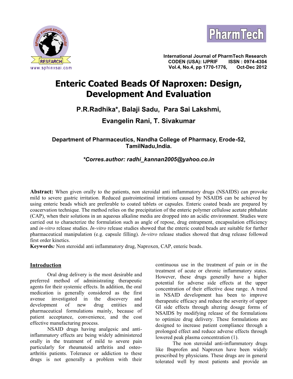 Enteric Coated Beads of Naproxen: Design, Development and Evaluation