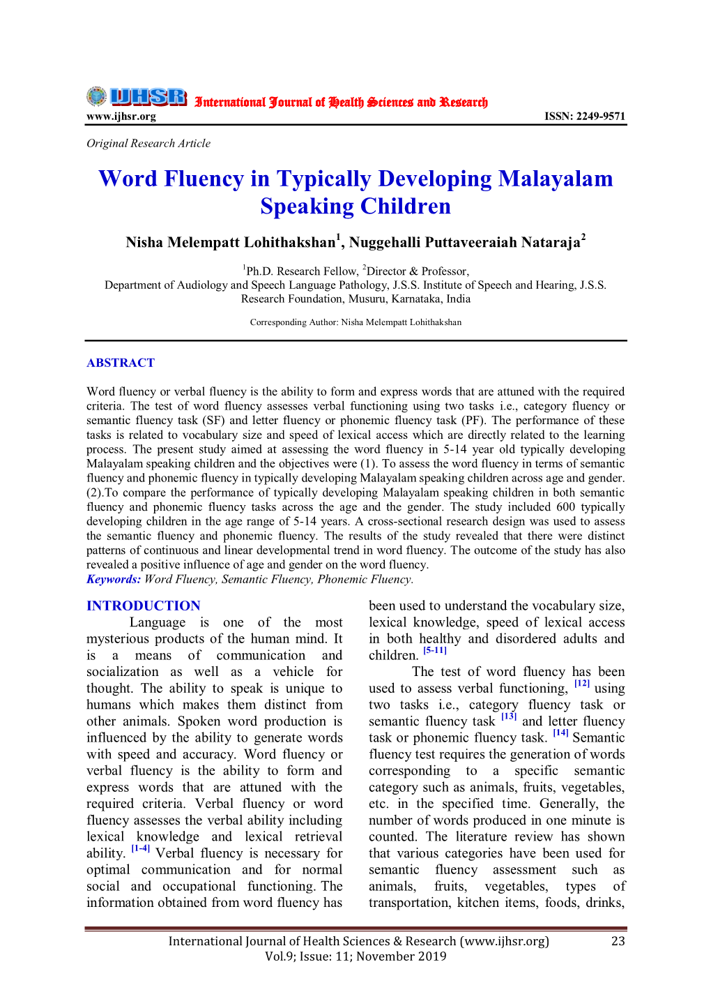 Word Fluency in Typically Developing Malayalam Speaking Children