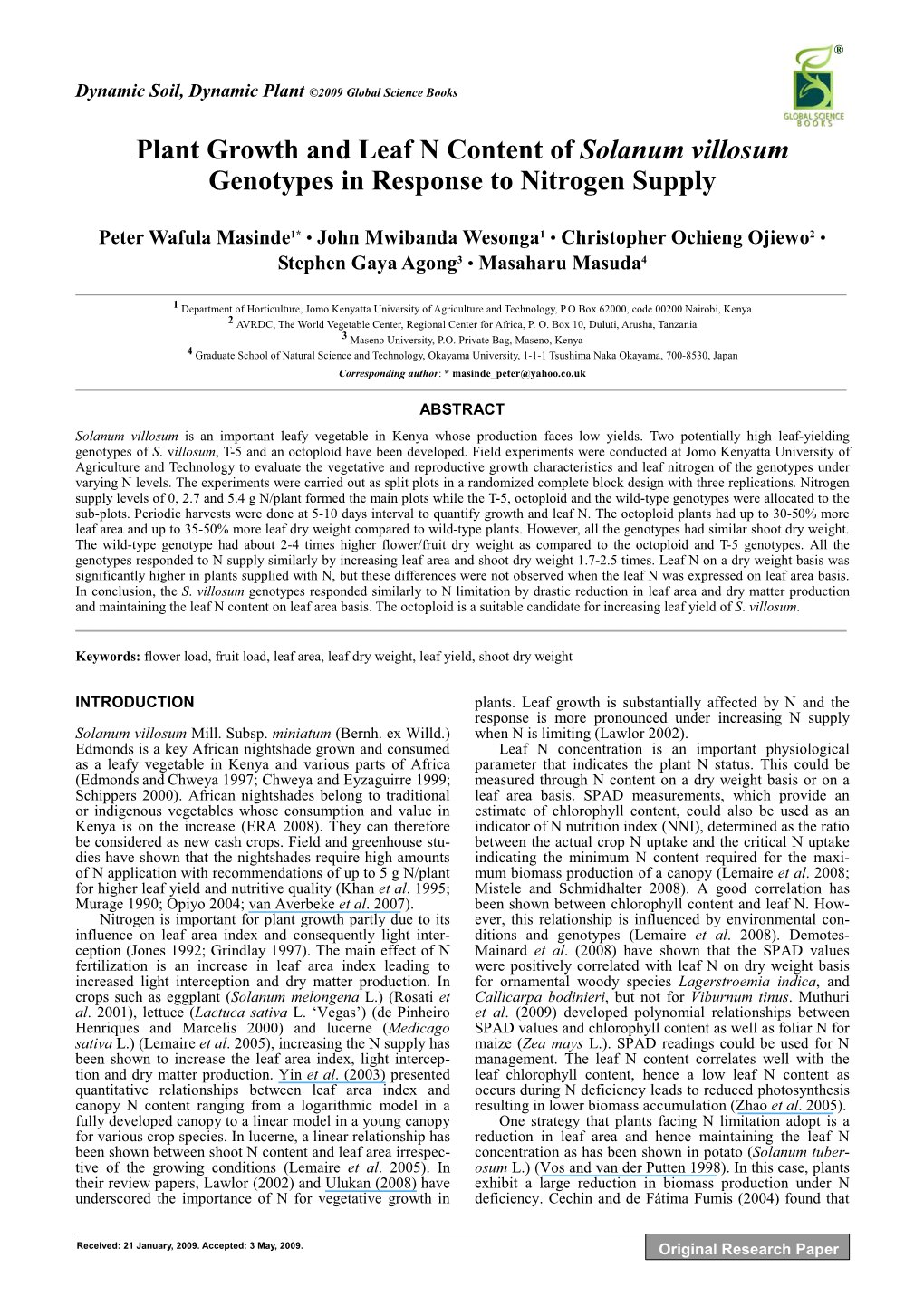 Plant Growth and Leaf N Content of Solanum Villosum Genotypes in Response to Nitrogen Supply