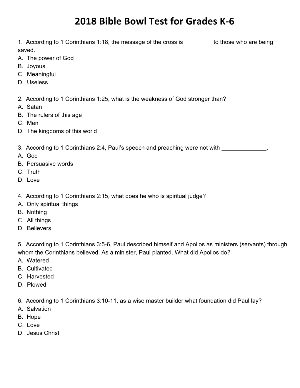 2018 Bible Bowl Test for Grades K-6