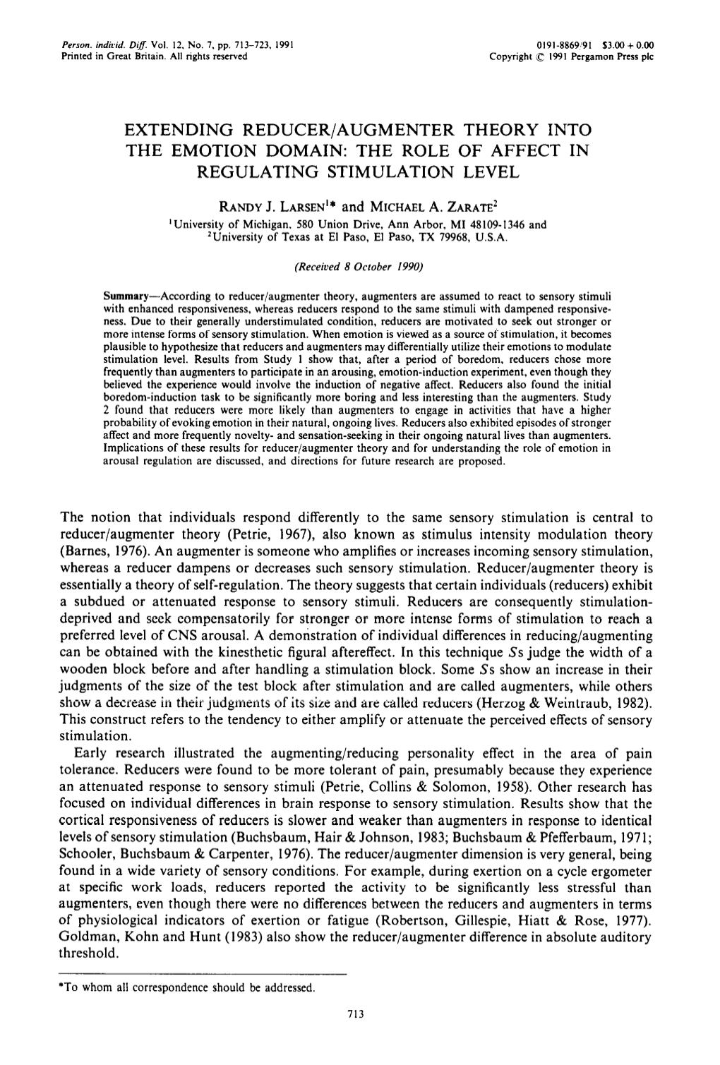 Extending Reducer/Augmenter Theory Into the Emotion Domain: the Role of Affect in Regulating Stimulation Level