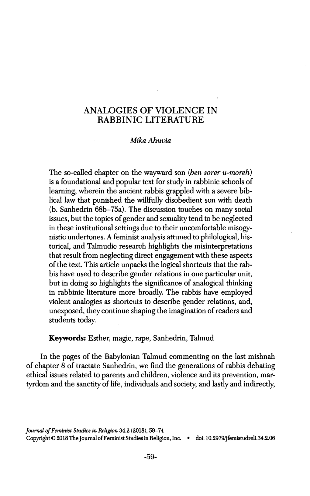 Analogies of Violence in Rabbanic Literature