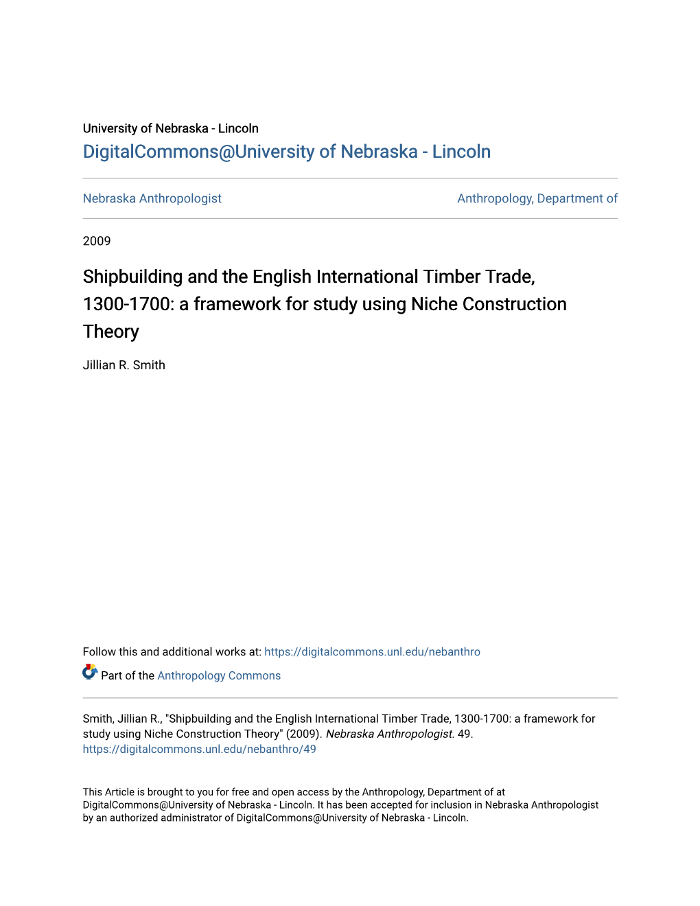 Shipbuilding and the English International Timber Trade, 1300-1700: a Framework for Study Using Niche Construction Theory