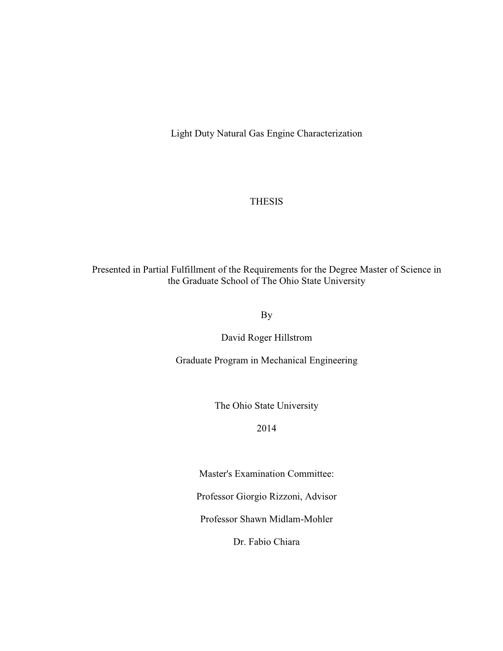 Light Duty Natural Gas Engine Characterization