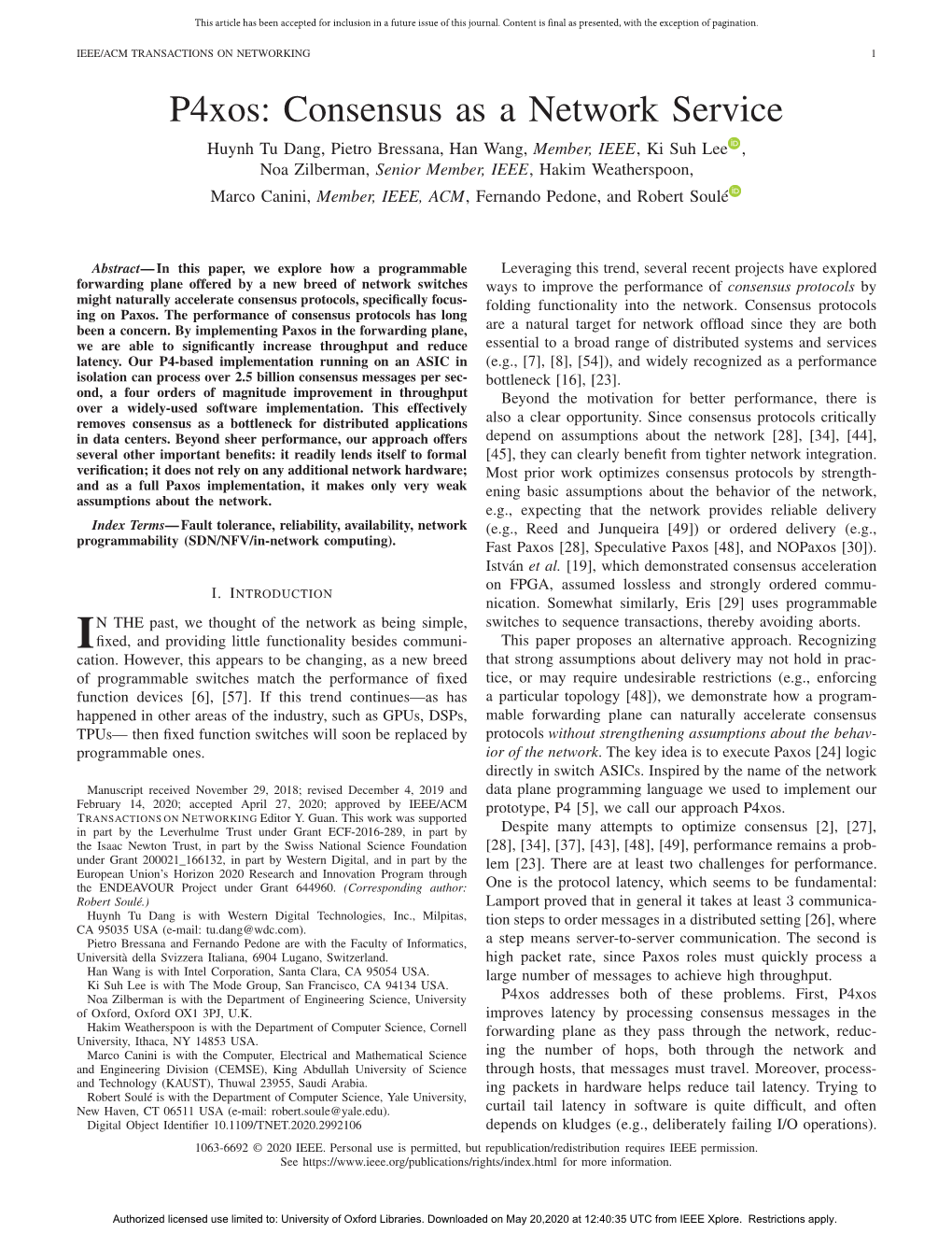 P4xos: Consensus As a Network Service