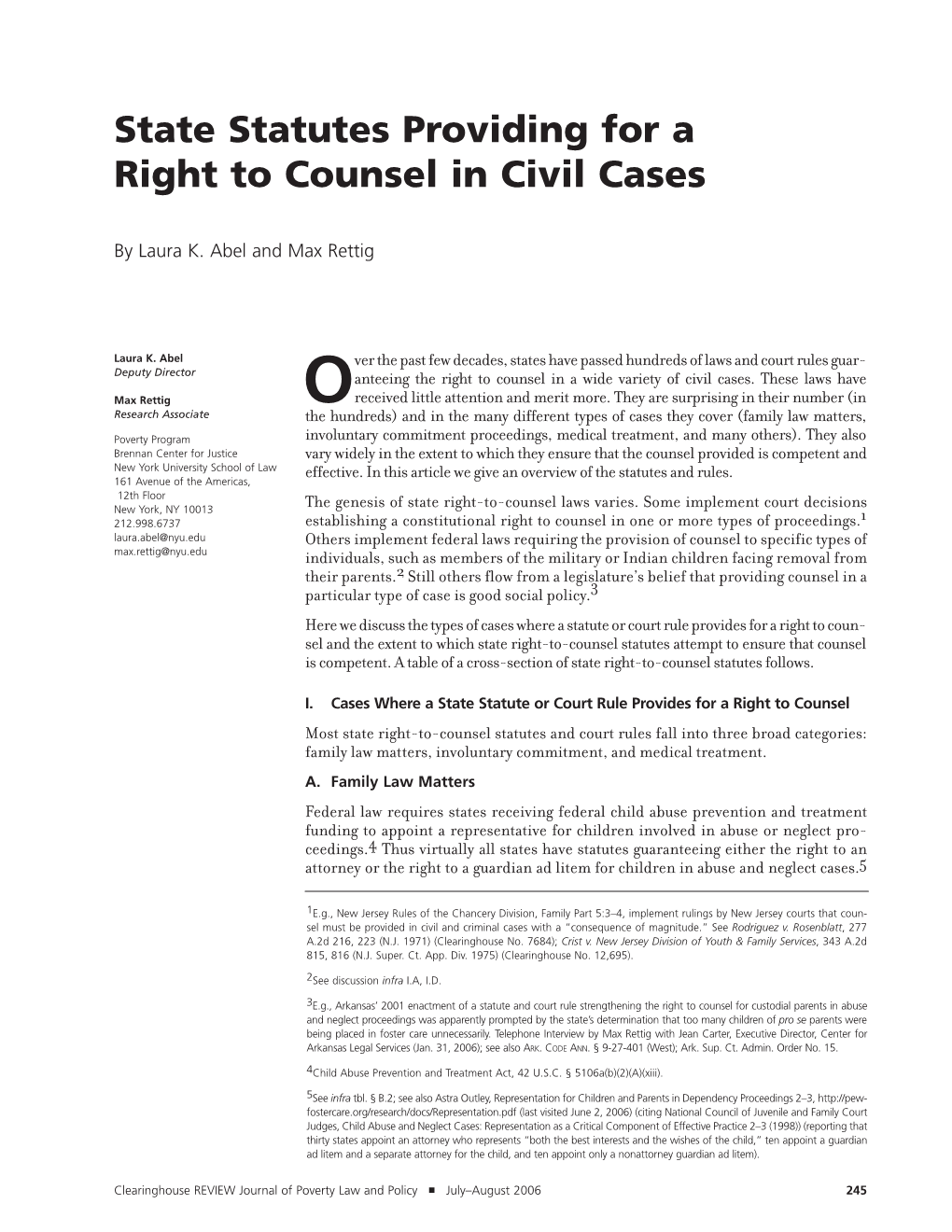 State Statutes Providing for a Right to Counsel in Civil Cases