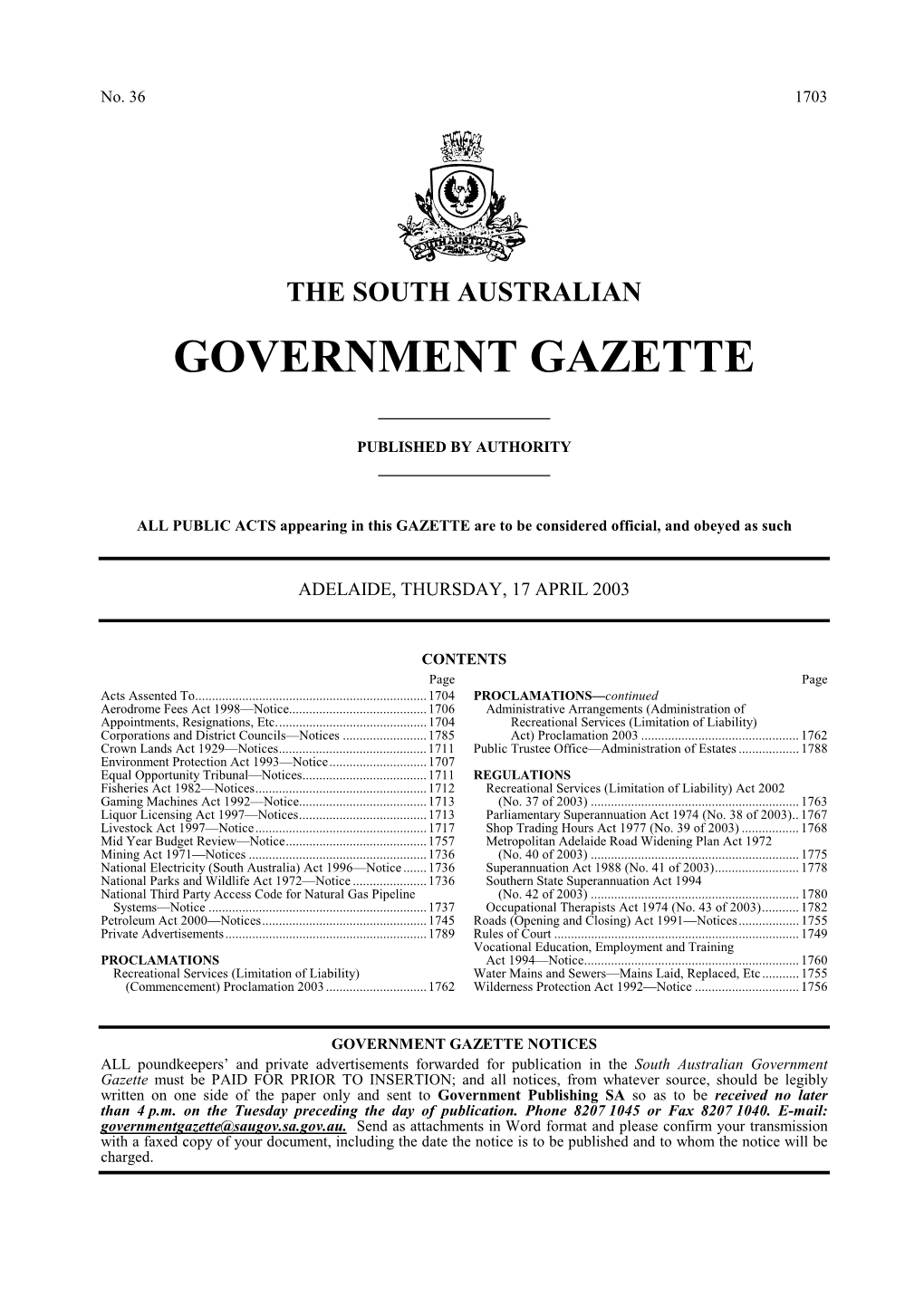 Regulations 2003 Under the Recreational Services (Limitation of Liability) Act 2002