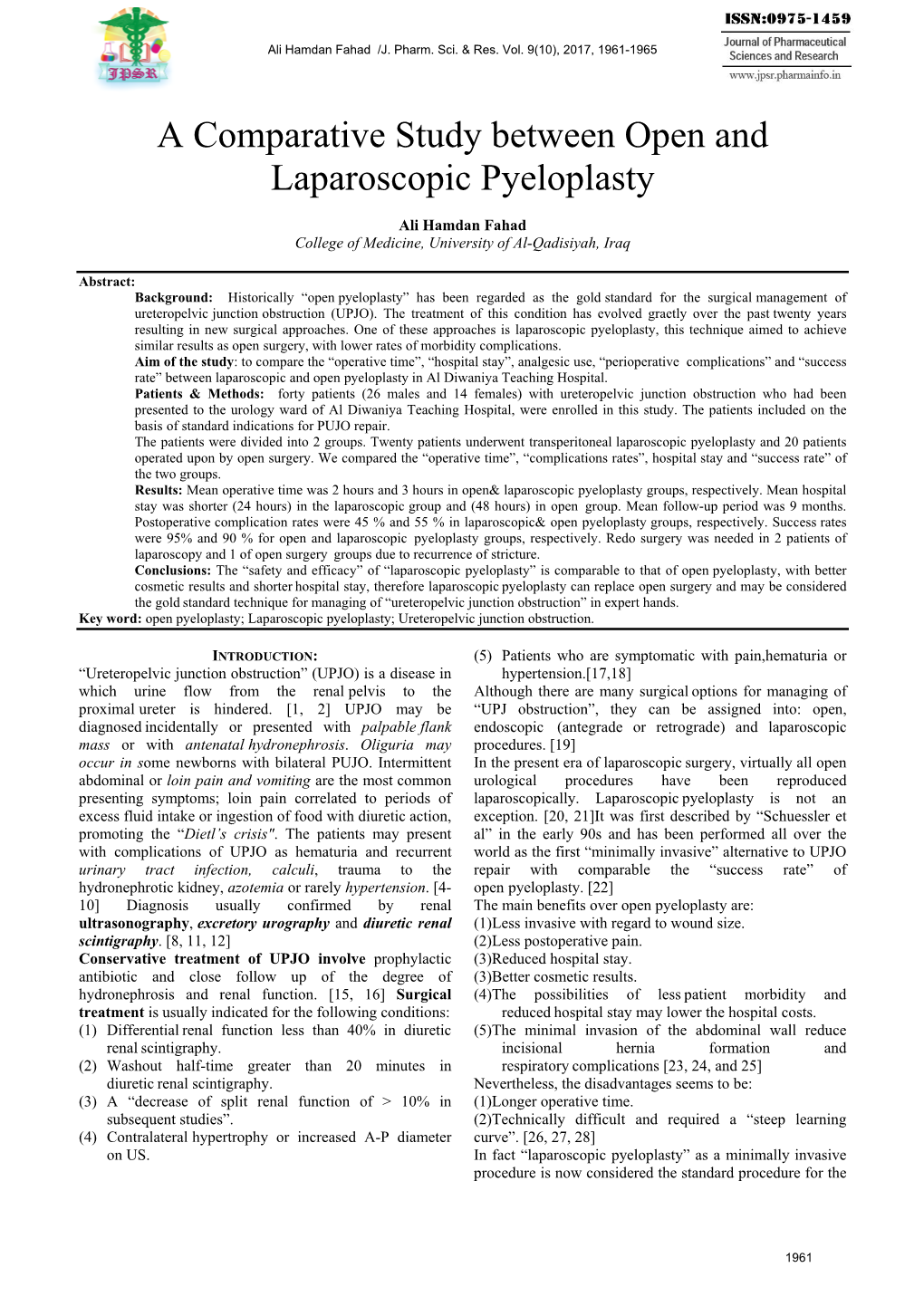 A Comparative Study Between Open and Laparoscopic Pyeloplasty