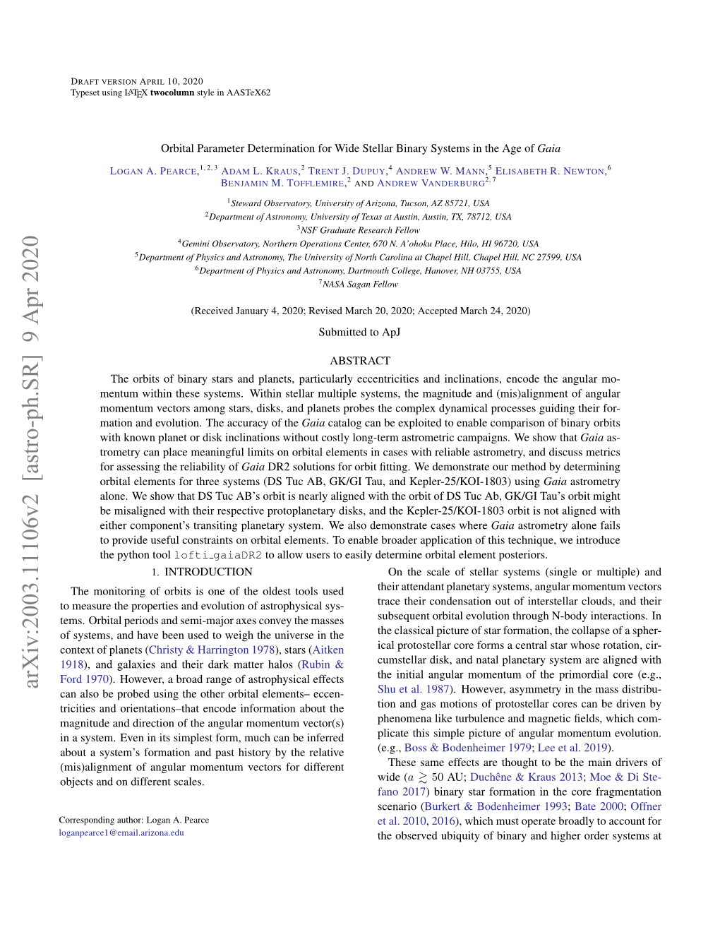 Arxiv:2003.11106V2 [Astro-Ph.SR] 9 Apr 2020 Can Also Be Probed Using the Other Orbital Elements– Eccen- Shu Et Al