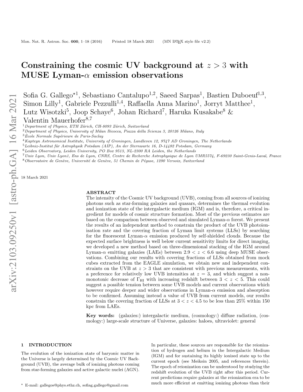 Arxiv:2103.09250V1 [Astro-Ph.GA] 16 Mar 2021 However Require Deeper and Wider Observations in Lyman-Α Emission and Absorption to Be Conﬁrmed