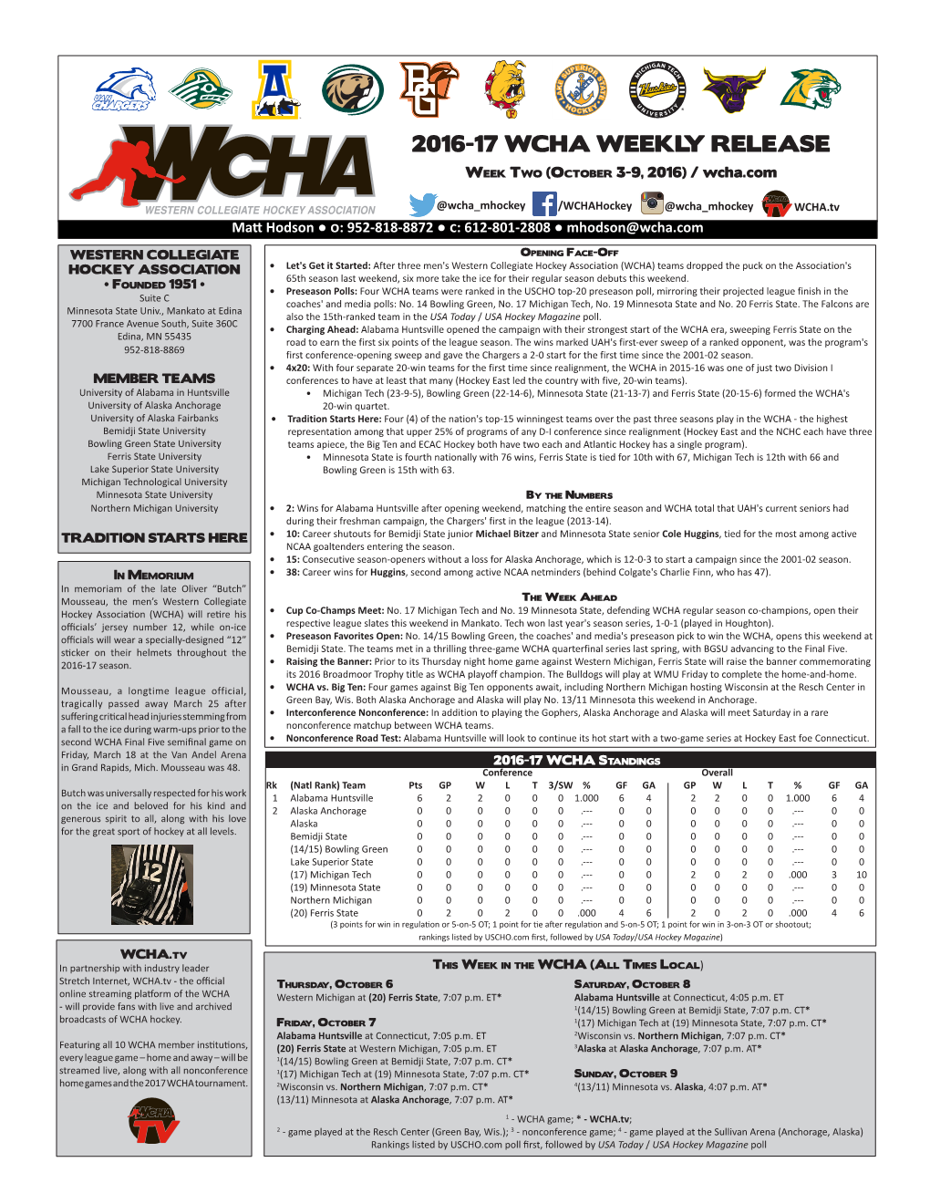 2016-17 WCHA WEEKLY RELEASE Week Two (October 3-9, 2016) / Wcha.Com