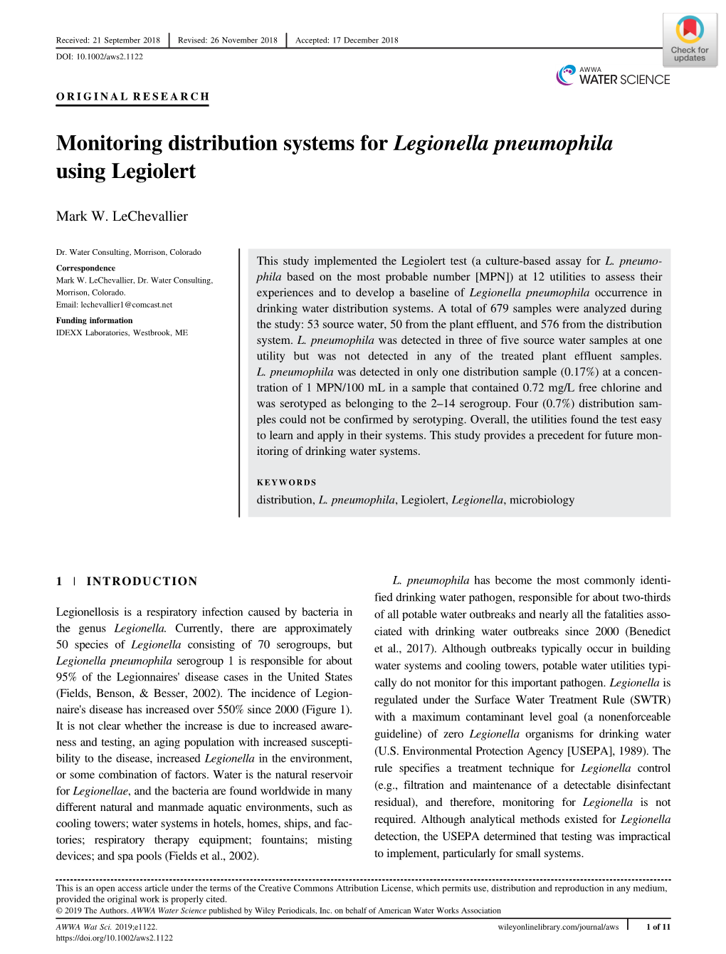 Monitoring Distribution Systems for Legionella Pneumophila Using Legiolert