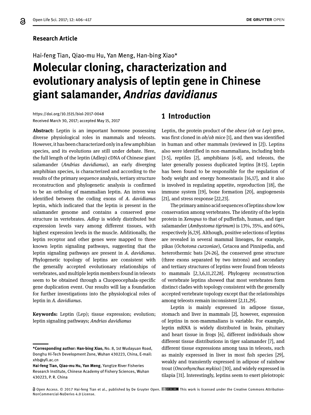 Molecular Cloning, Characterization and Evolutionary Analysis of Leptin
