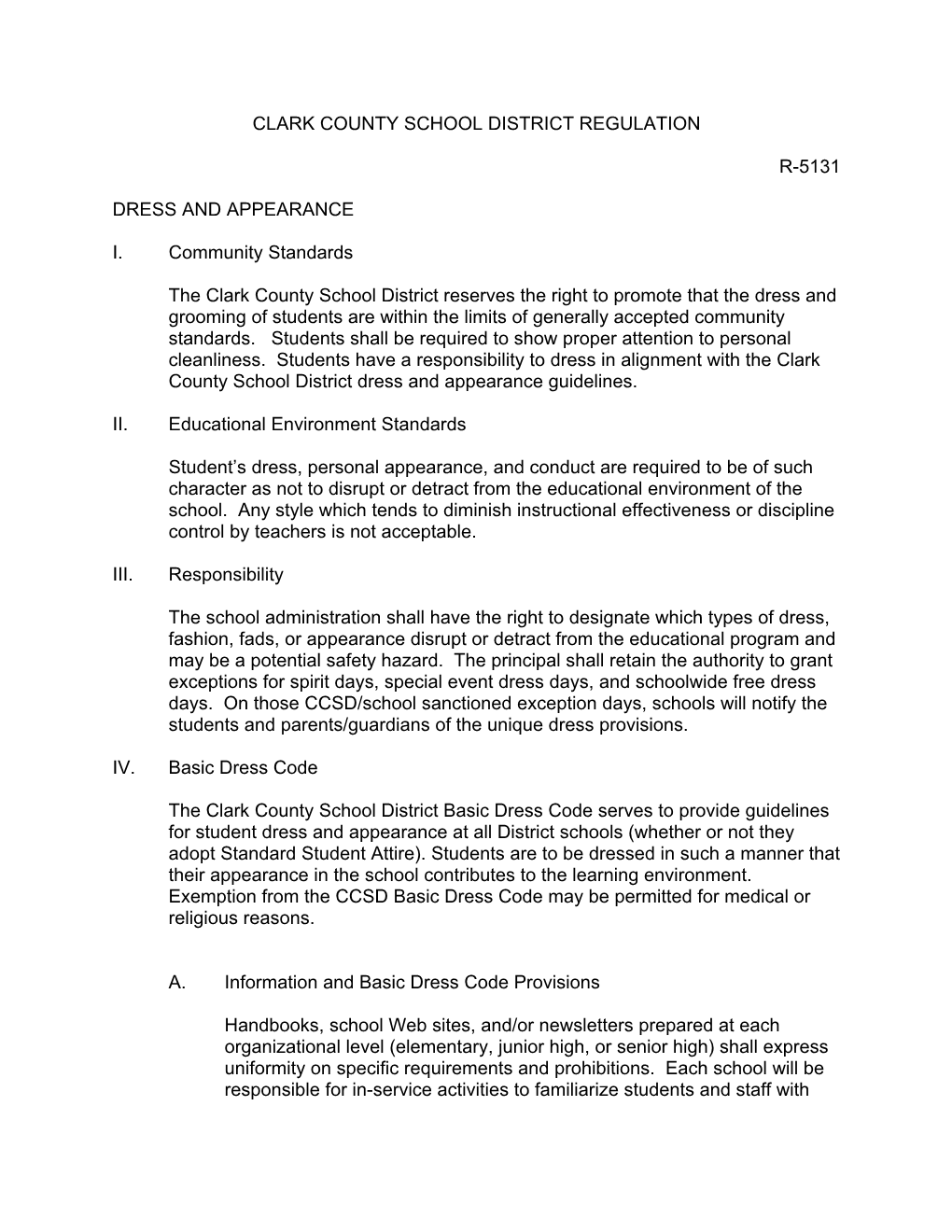 CCSD Regulation 5131, Dress and Appearance