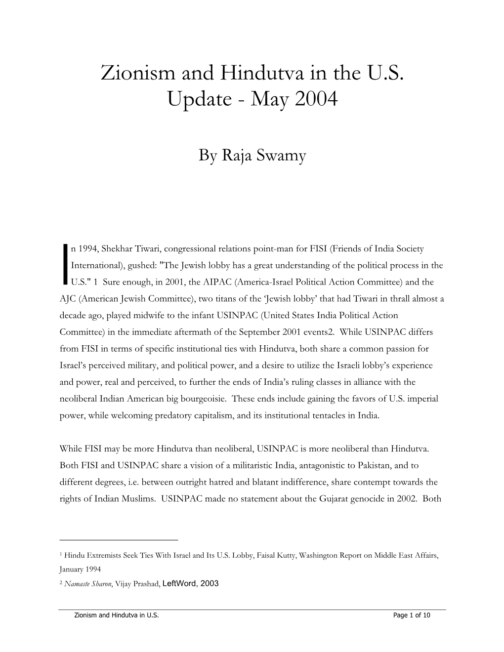 Zionism and Hindutva in the U.S. Update - May 2004