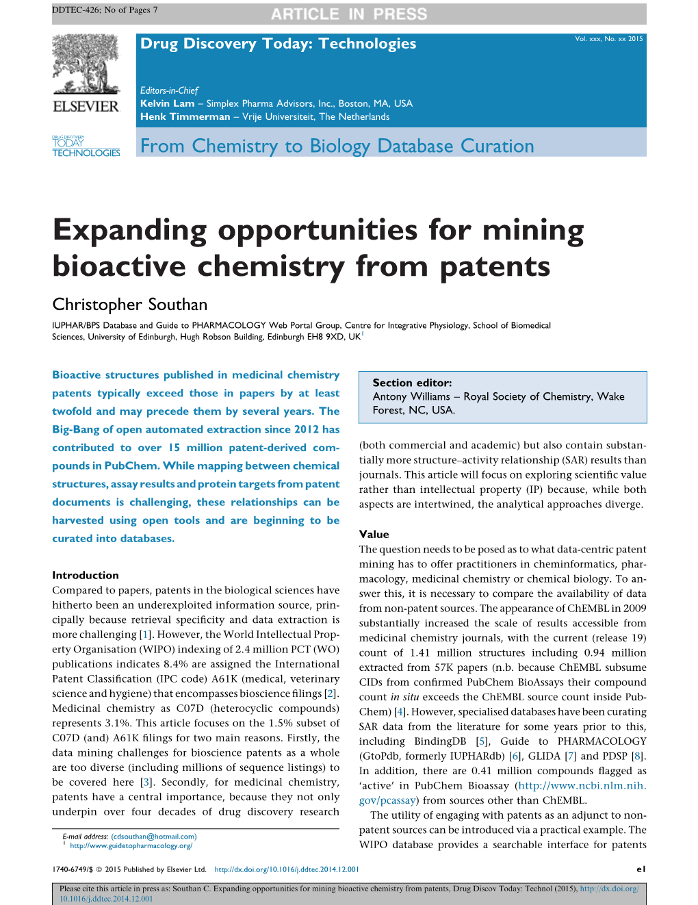 Expanding Opportunities for Mining Bioactive Chemistry from Patents, Drug Discov Today: Technol (2015), 10.1016/J.Ddtec.2014.12.001