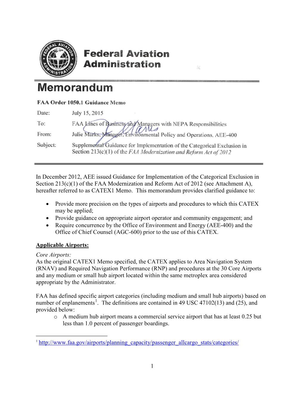 Memorandum FAA Order 1050.1 Guidance Memo