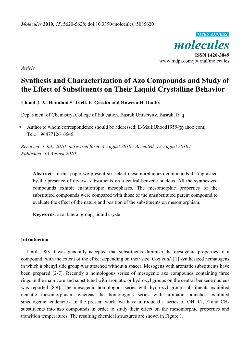 Synthesis and Characterization of Azo Compounds and Study of the Effect of Substituents on Their Liquid Crystalline Behavior