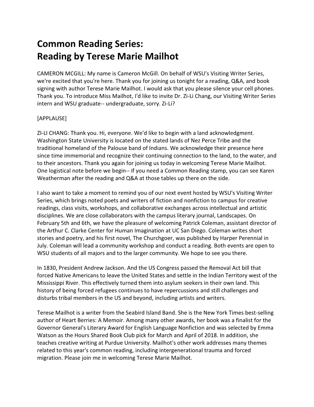 Reading by Terese Marie Mailhot